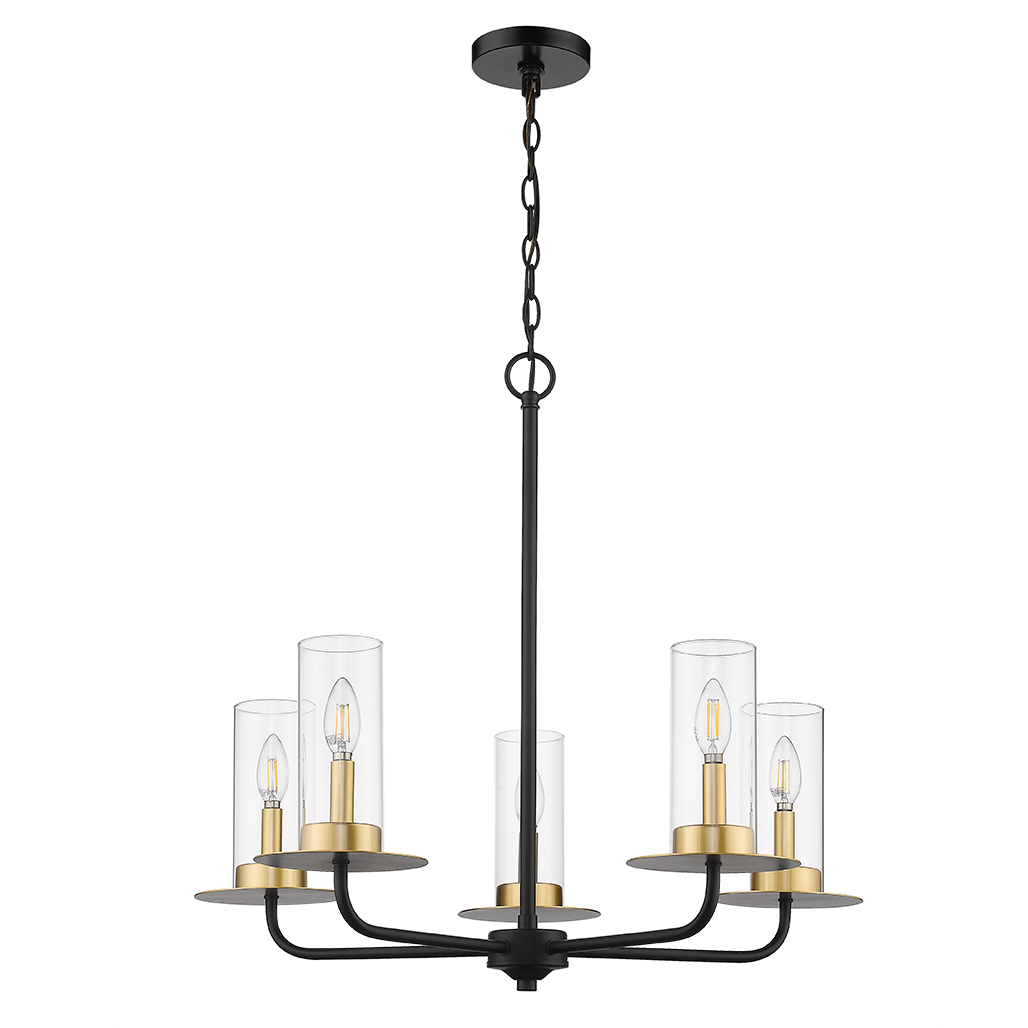 Aura Contemporary 5-Light Cylinder Chandelier with Clear Glass Shades - Black &amp; Gold - Vivio Lighting