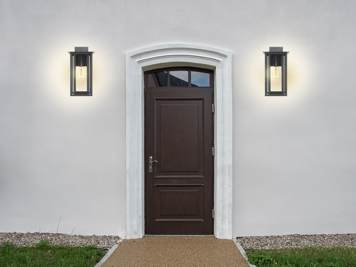 Modern black rectangle outdoor wall lantern lighting by front door