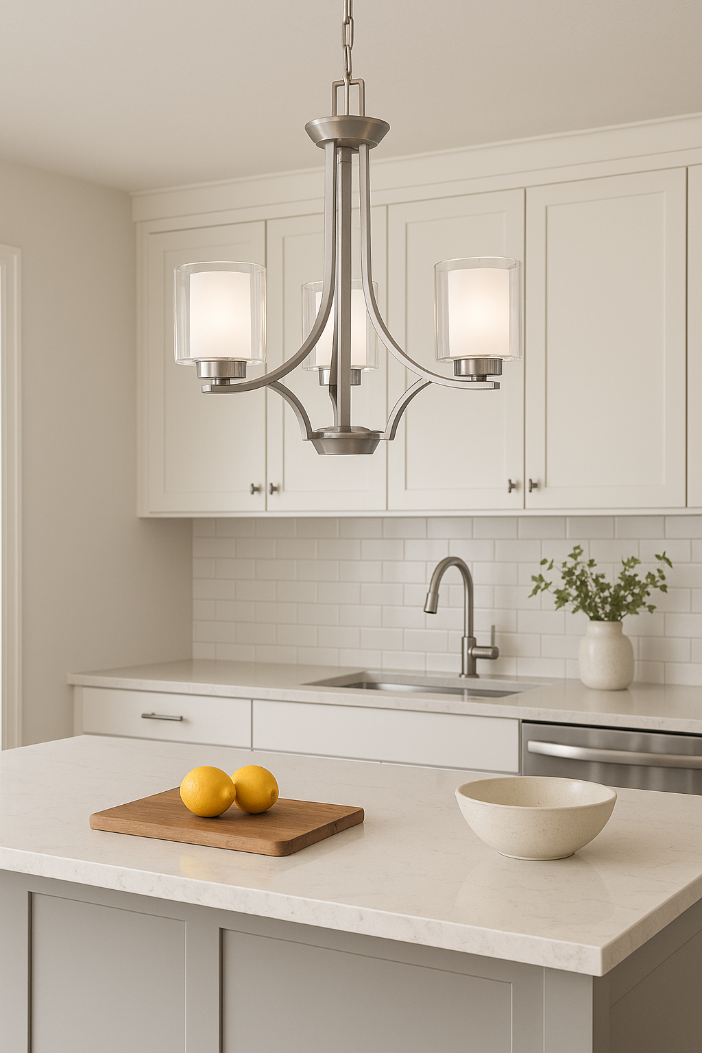 Sonora 3-Light Chandelier - Brushed Nickel- Clear and White Glass