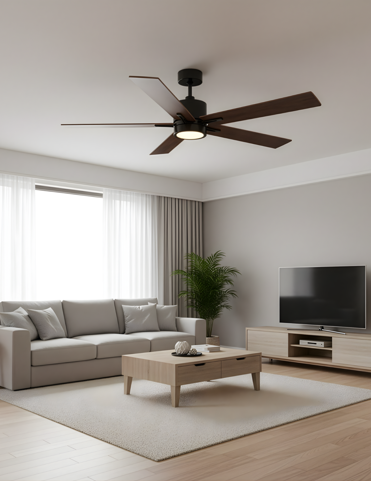 5-Blade 52" MB Modern Cylinder Fan Matte Black Walnut Blades WC-6-WH