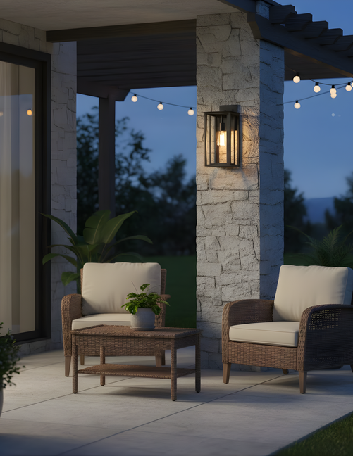 Mare Medium Outdoor Lantern Wall Sconce Double Frames with Clear Glass – Matte Black