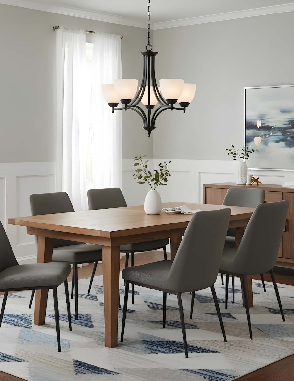 Fort Worth 5 Light Chandelier - Matte Black with White Glass
