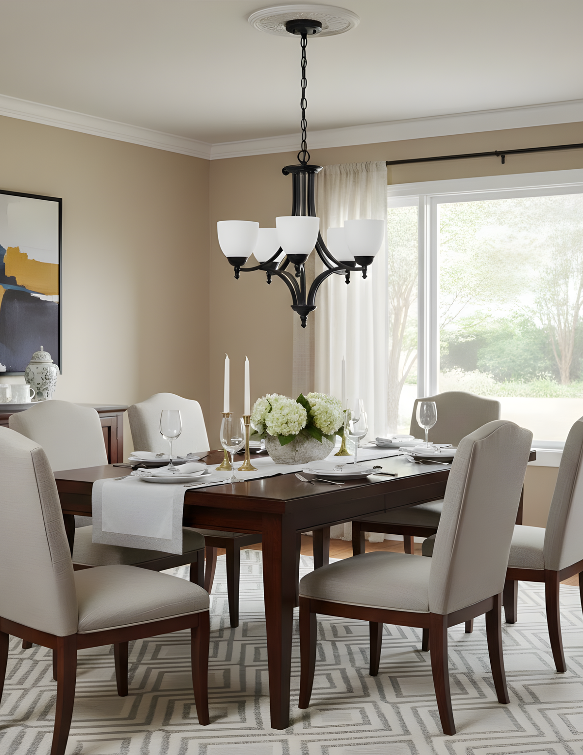 Fort Worth 5 Light Chandelier - Matte Black with White Glass