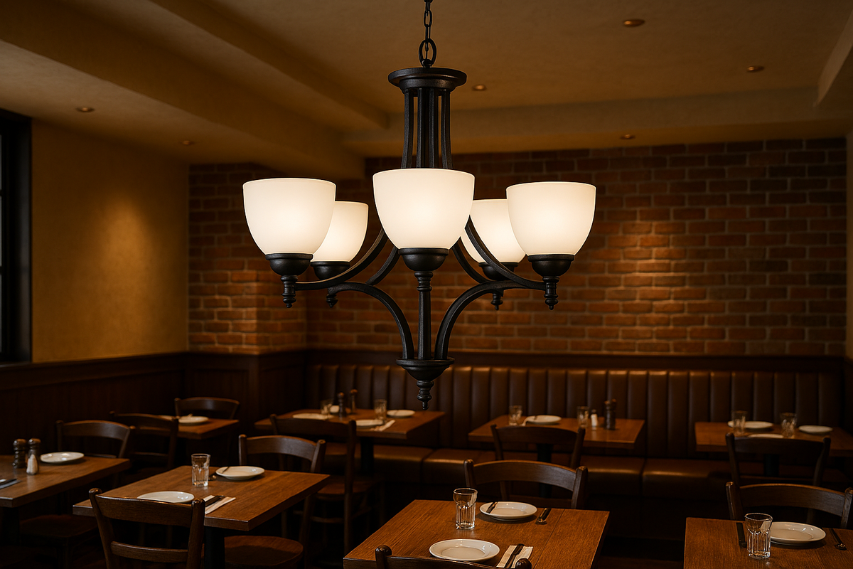 Fort Worth 5 Light Chandelier - Matte Black with White Glass