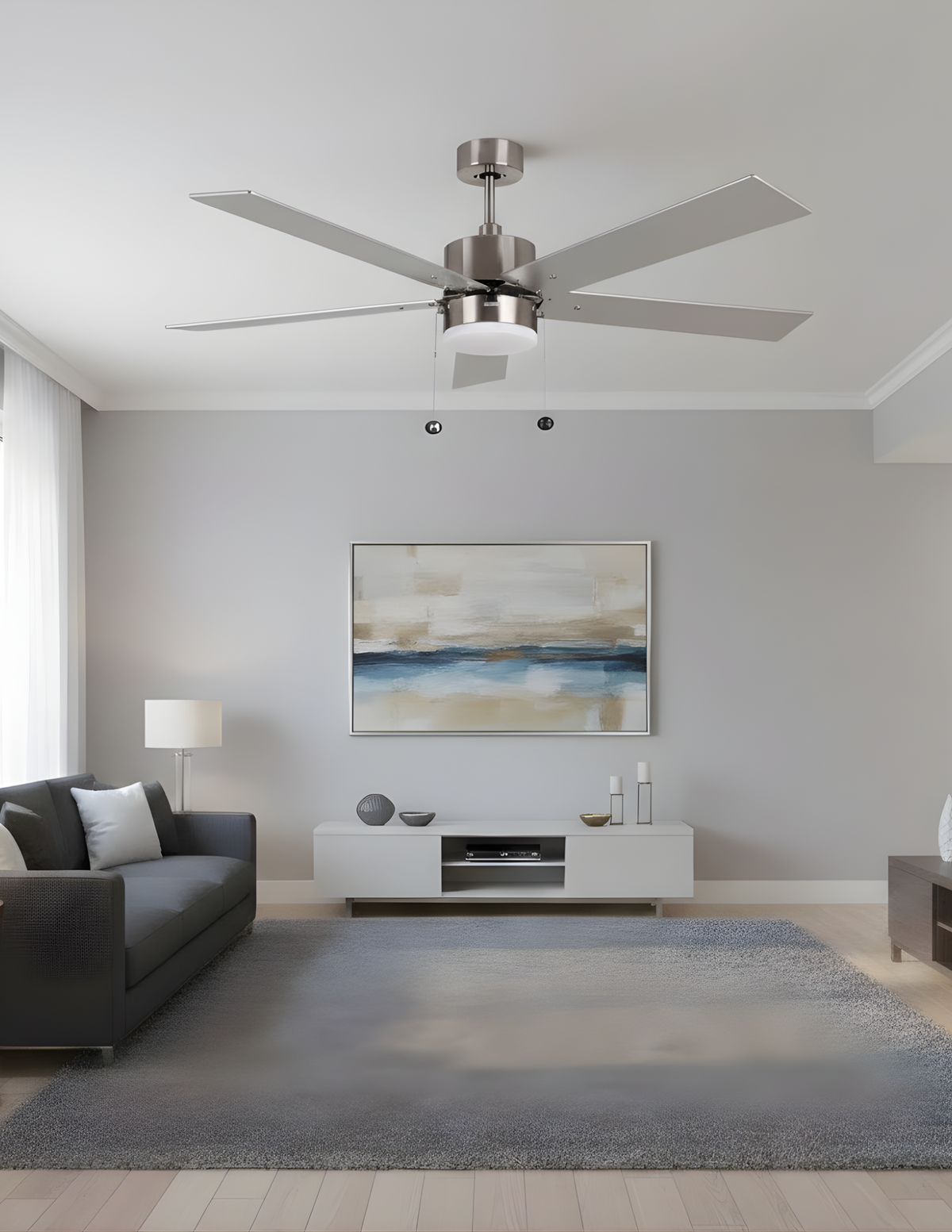 5-Blade 52" NK Modern Cylinder Fan Silver/Walnut Blades Pull Chain 3K, 4K, 5K