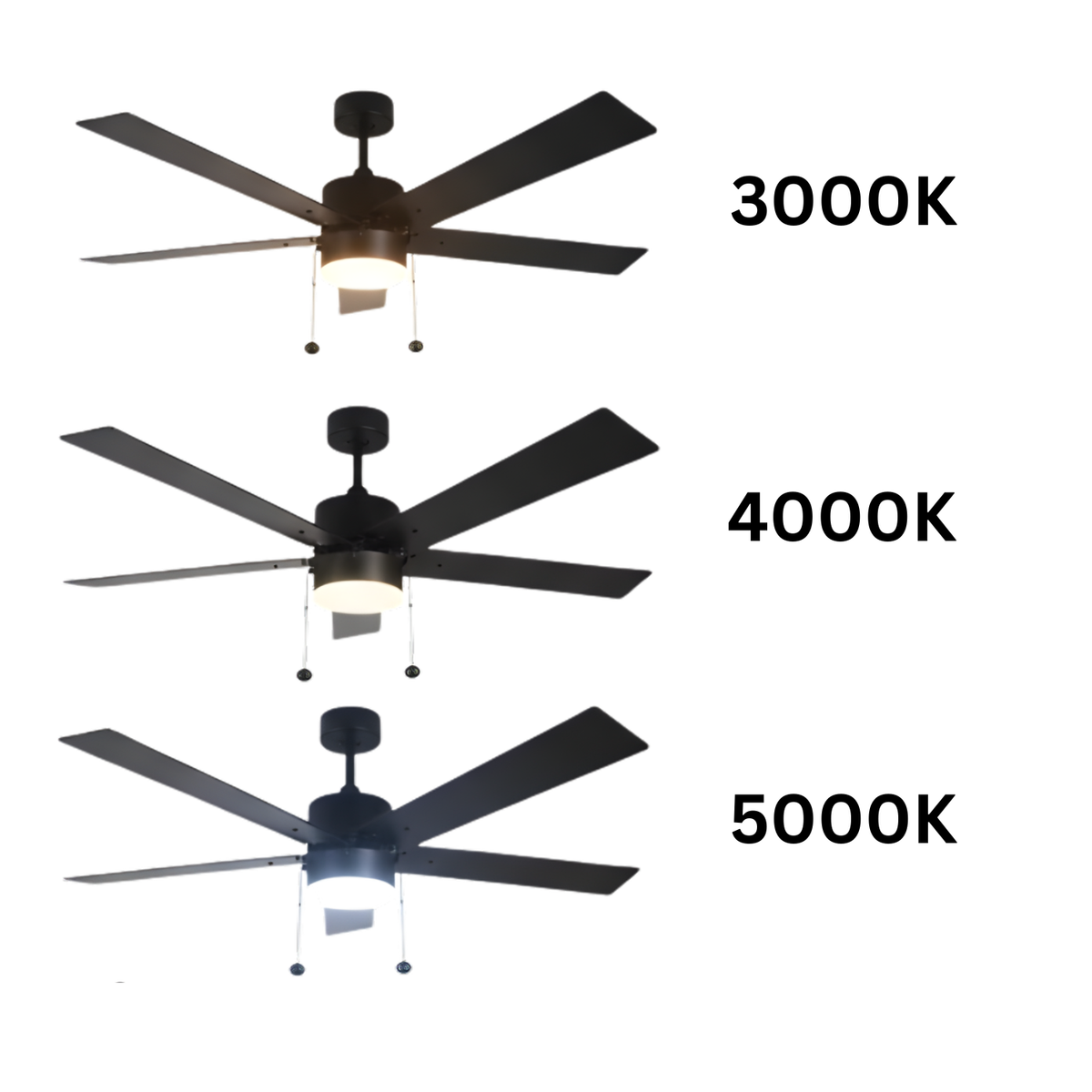 5-Blade 52" MB Modern Cylinder Fan Matte Black/Walnut Blades Pull Chain 3K, 4K, 5K