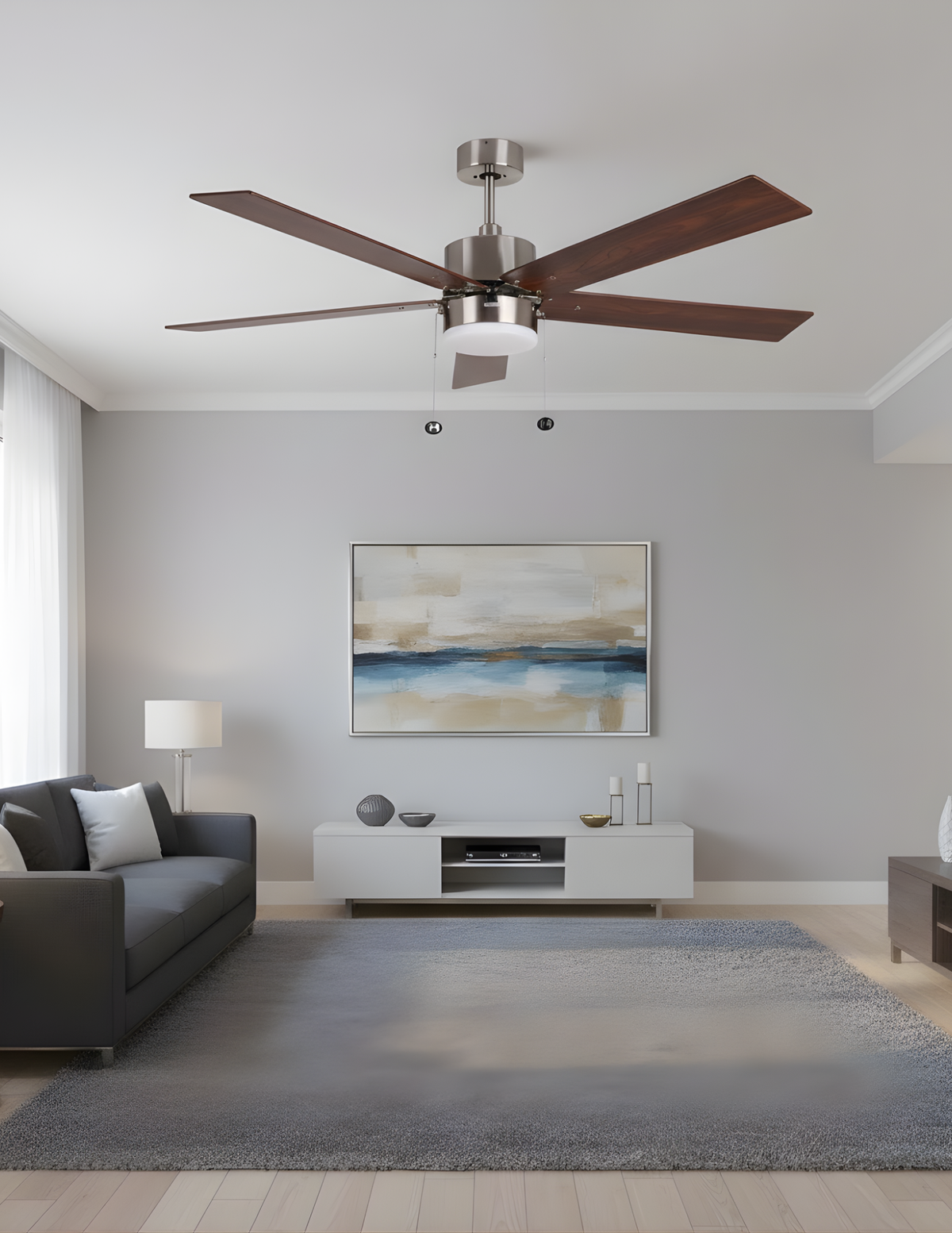 5-Blade 52" NK Modern Cylinder Fan Silver/Walnut Blades Pull Chain 3K, 4K, 5K