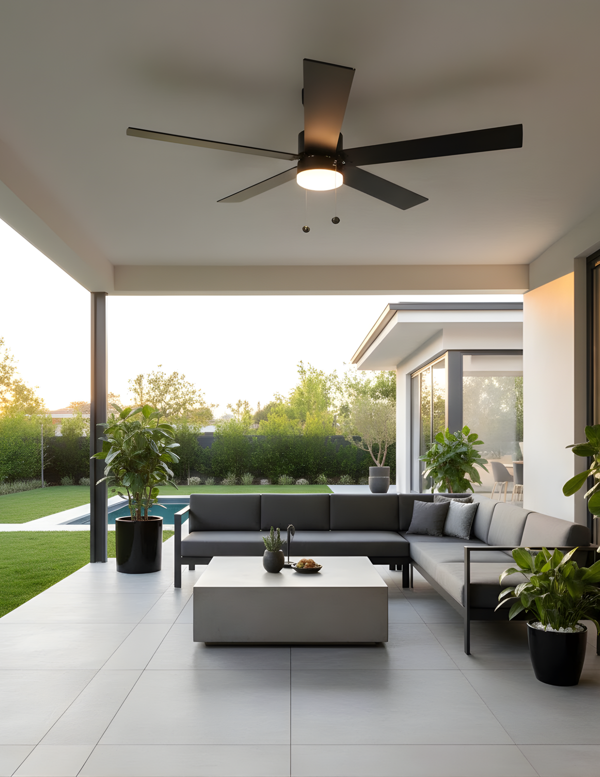 5-Blade 54" MB Modern Damp Location Fan Matte Black Blades Pull Chain 3K, 4K, 5K