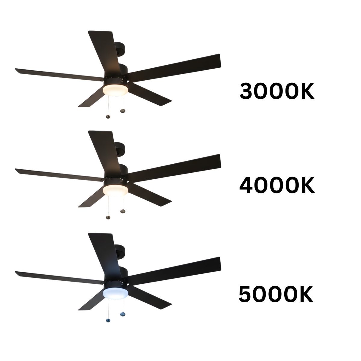 5-Blade 54" MB Modern Damp Location Fan Matte Black Blades Pull Chain 3K, 4K, 5K