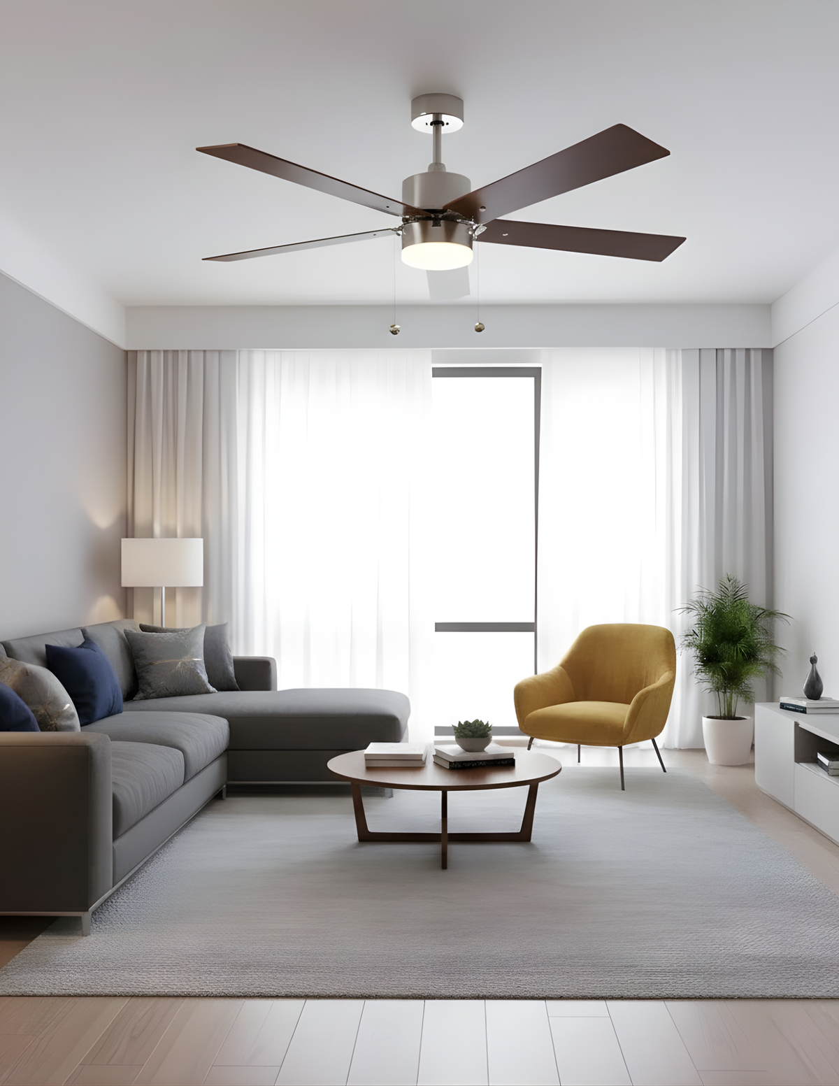 5-Blade 52" NK Modern ENERGY STAR Fan Silver/Walnut Blades Pull Chain 3K, 4K, 5K