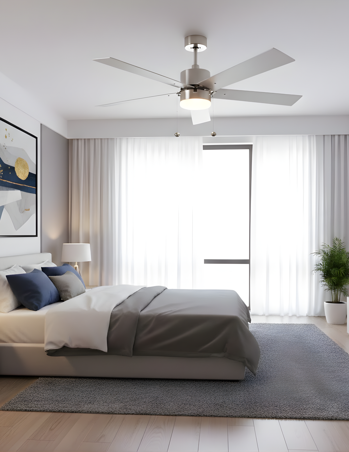 5-Blade 52" NK Modern ENERGY STAR Fan Silver/Walnut Blades Pull Chain 3K, 4K, 5K