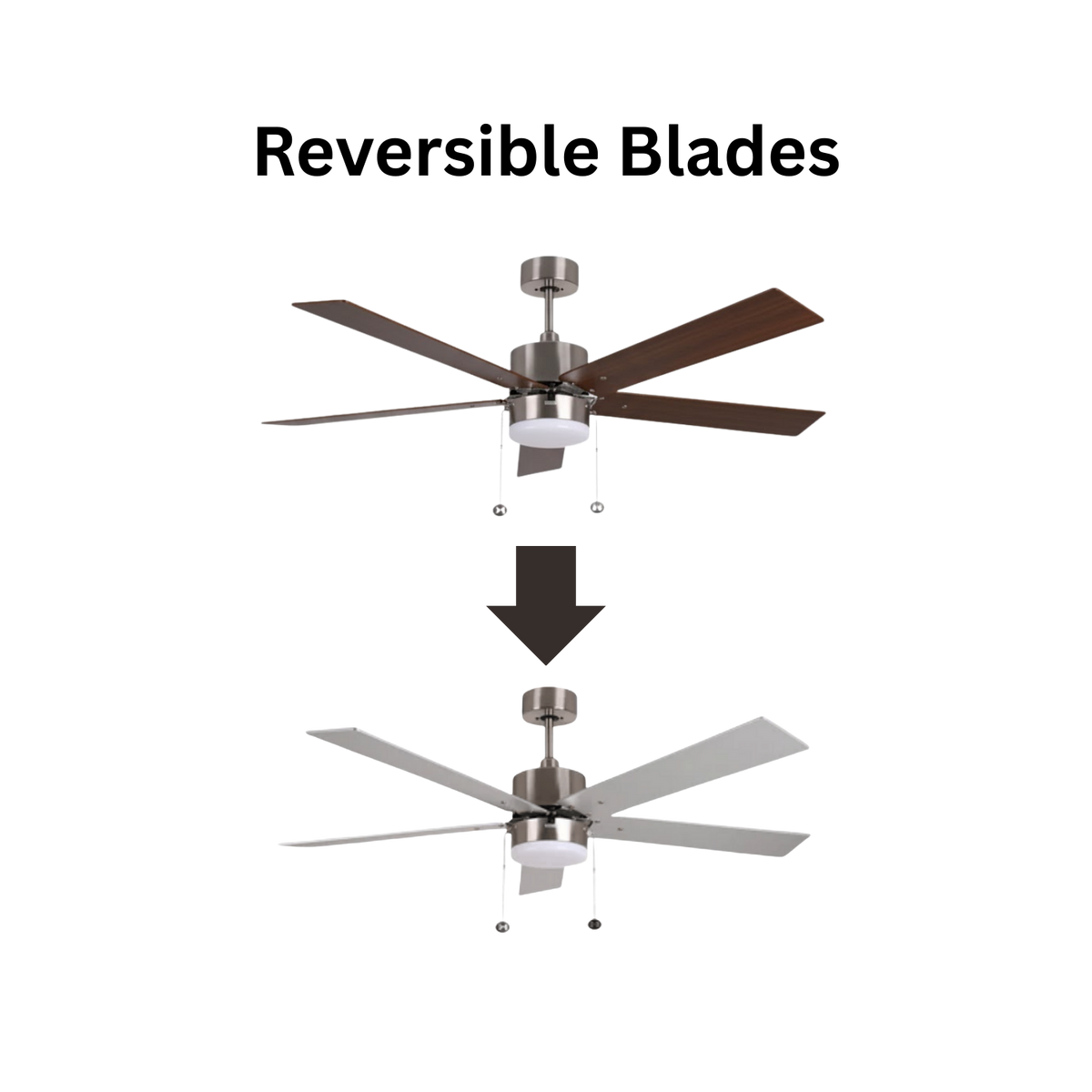 5-Blade 52" NK Modern ENERGY STAR Fan Silver/Walnut Blades Pull Chain 3K, 4K, 5K