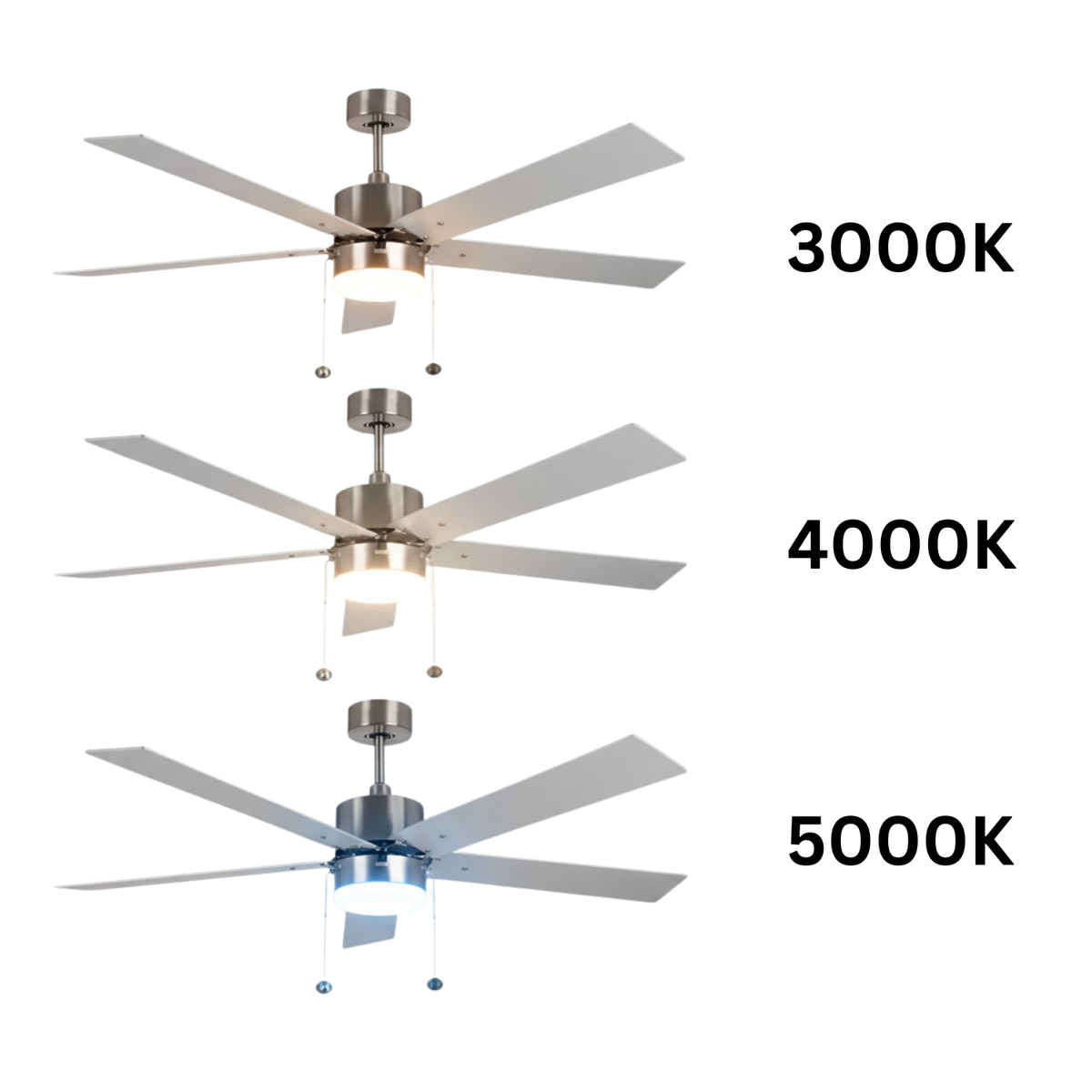 5-Blade 52" NK Modern ENERGY STAR Fan Silver/Walnut Blades Pull Chain 3K, 4K, 5K