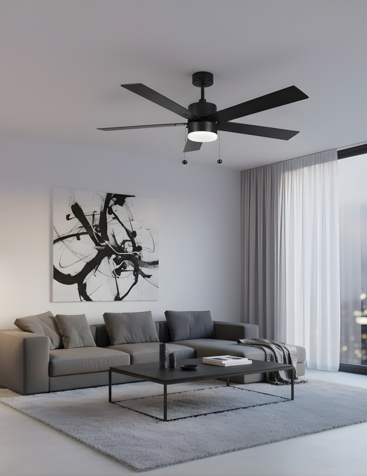 5-Blade 52" MB Modern ENERGY STAR Fan Matte Black/Walnut Blades Pull Chain 3K, 4K, 5K
