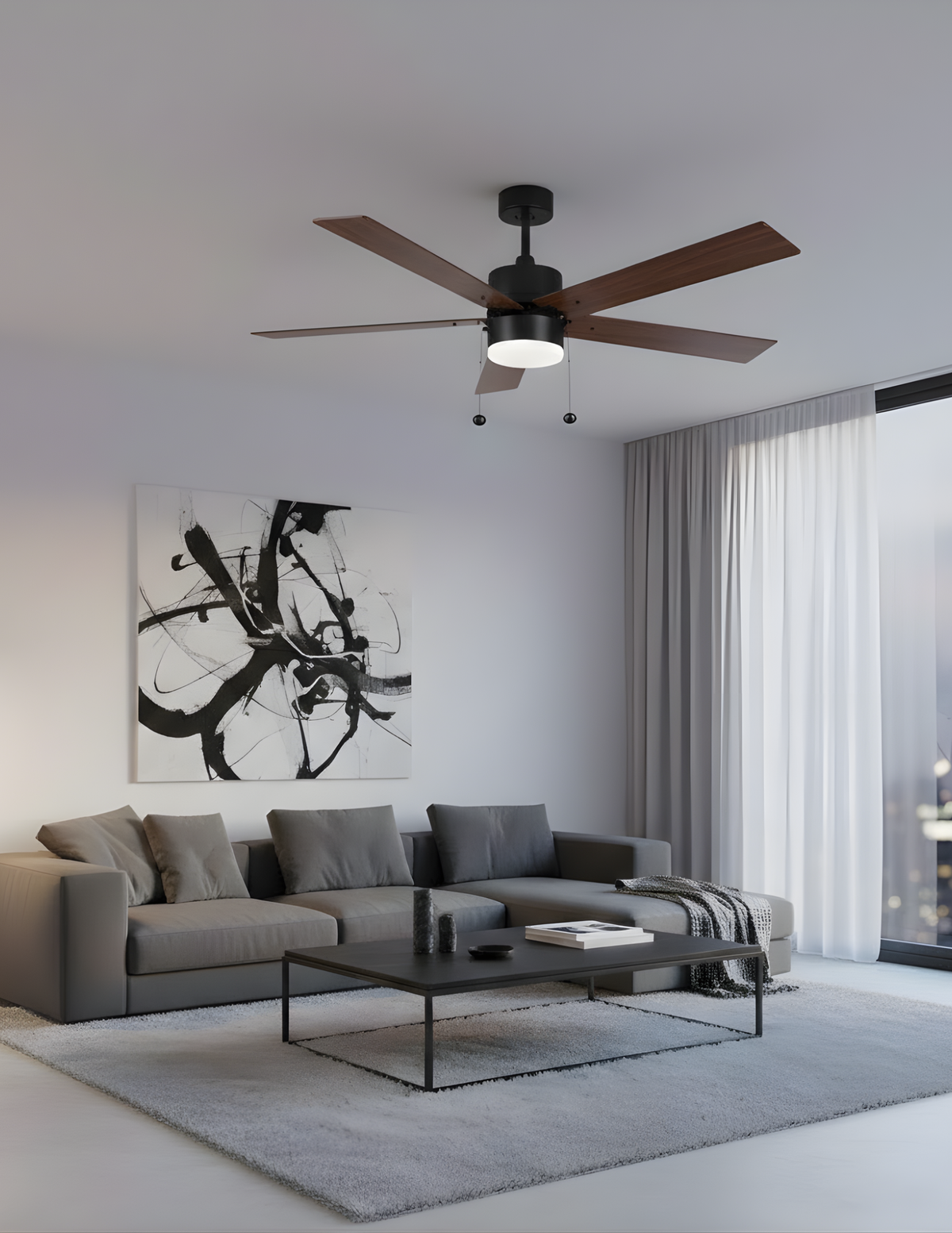 5-Blade 52" MB Modern ENERGY STAR Fan Matte Black/Walnut Blades Pull Chain 3K, 4K, 5K