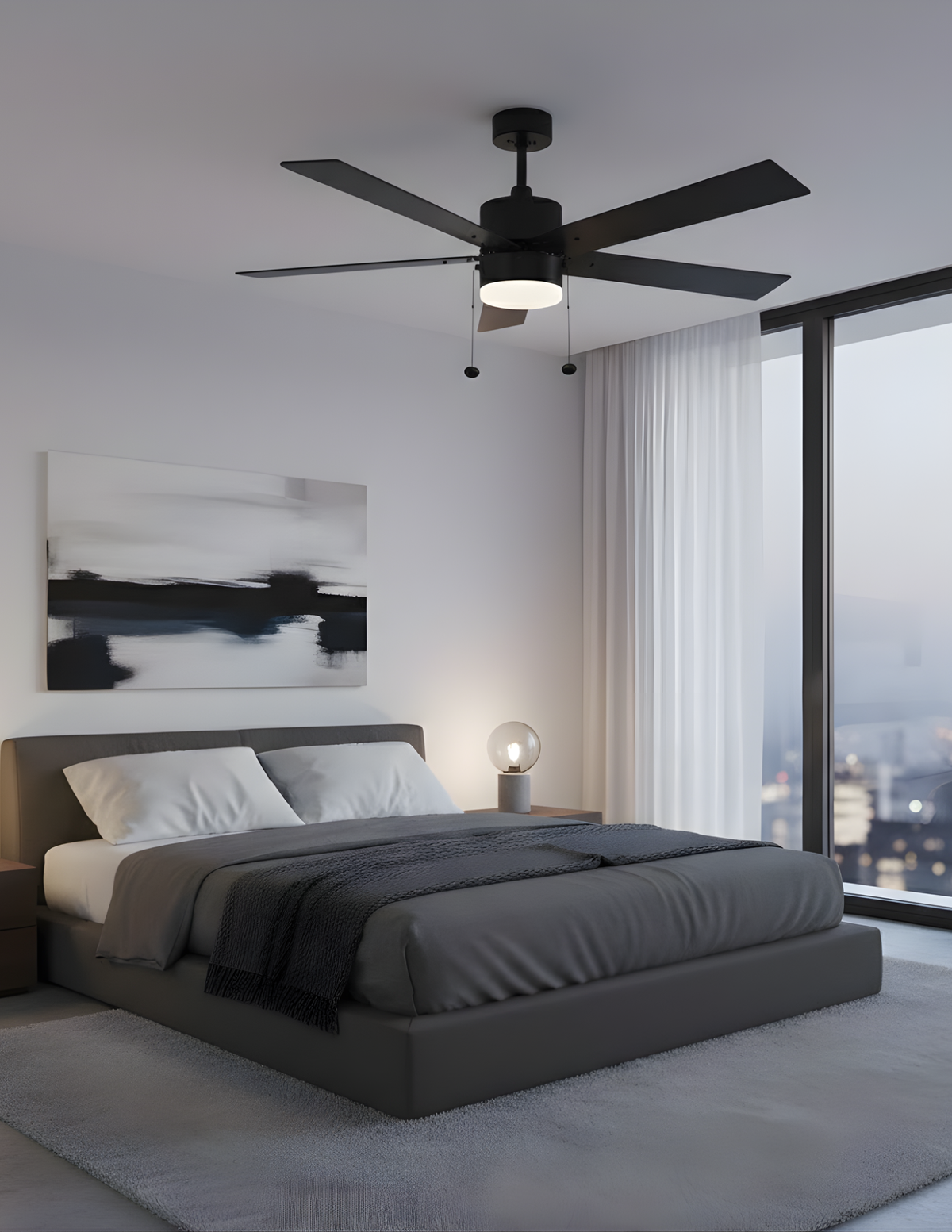 5-Blade 52" MB Modern ENERGY STAR Fan Matte Black/Walnut Blades Pull Chain 3K, 4K, 5K