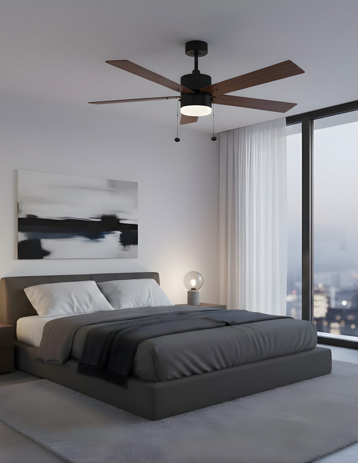 5-Blade 52" MB Modern ENERGY STAR Fan Matte Black/Walnut Blades Pull Chain 3K, 4K, 5K