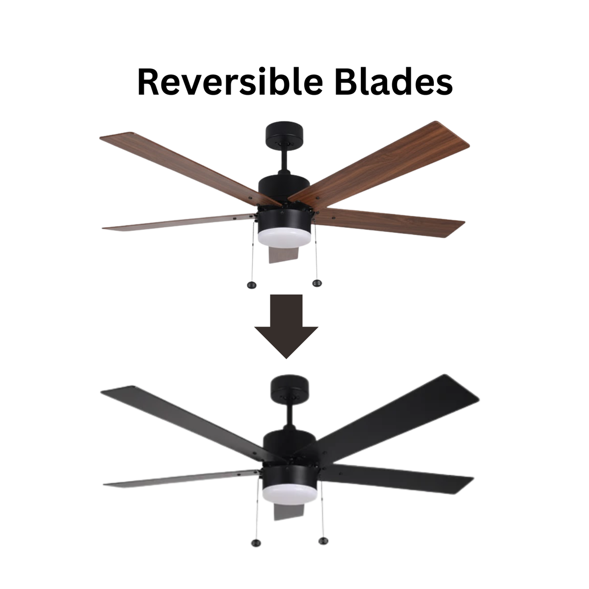 5-Blade 52" MB Modern ENERGY STAR Fan Matte Black/Walnut Blades Pull Chain 3K, 4K, 5K