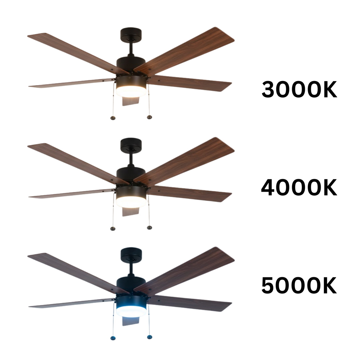 5-Blade 52" MB Modern ENERGY STAR Fan Matte Black/Walnut Blades Pull Chain 3K, 4K, 5K