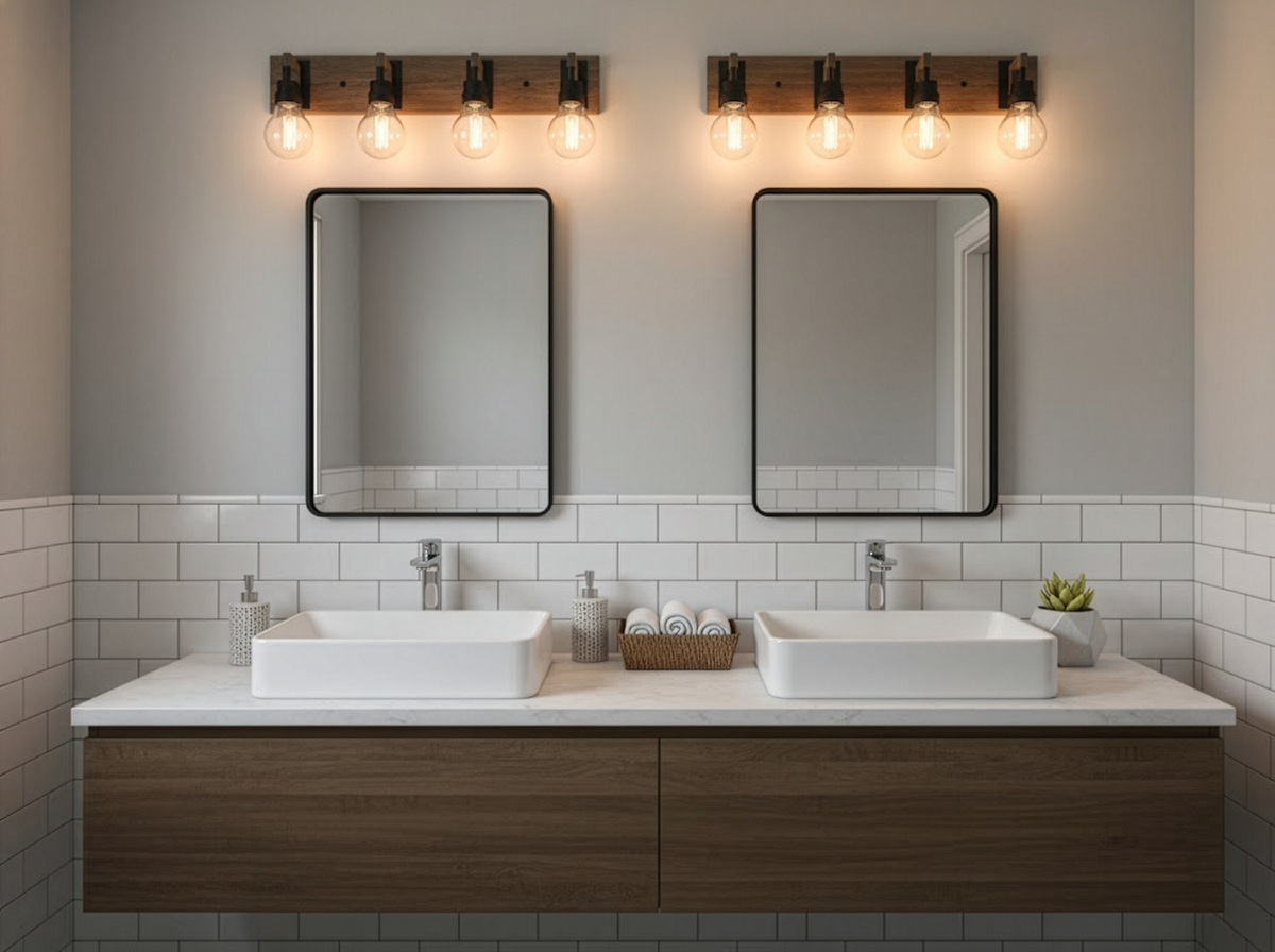 Roxton 4-Light Vanity Light Fixtures - Matte Black/ Wood Accents