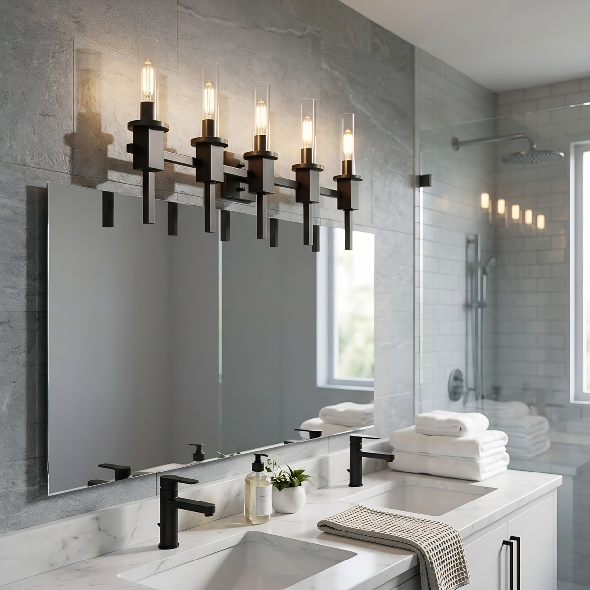 Vivio Roma 5-Light Clear Tube Glass Vanity - MB T10 8.5W LED 4K Lamps Included