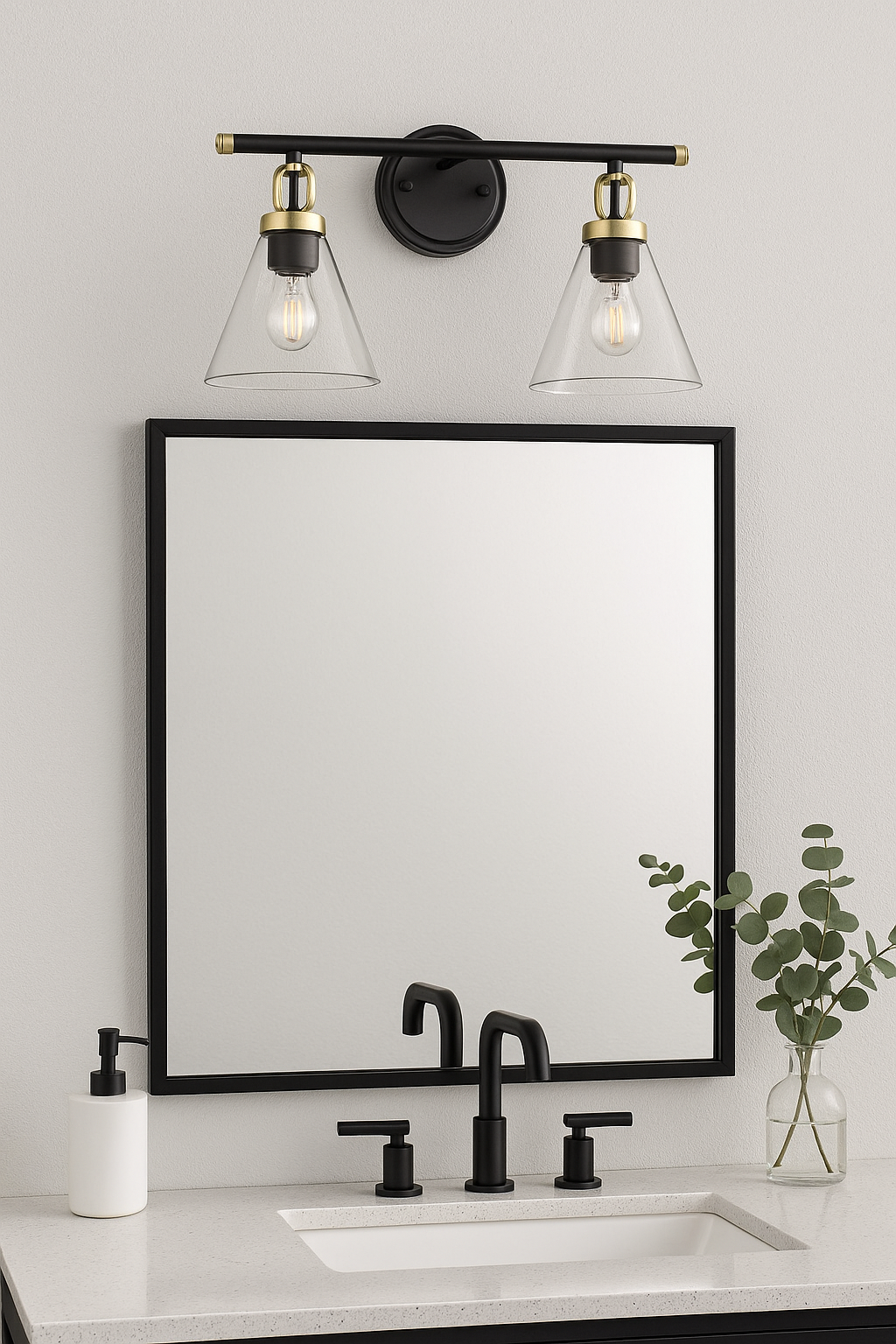Vivio Siene 2-Light Vanity - Matte Black/Champagne Gold - Clear Cone Glass