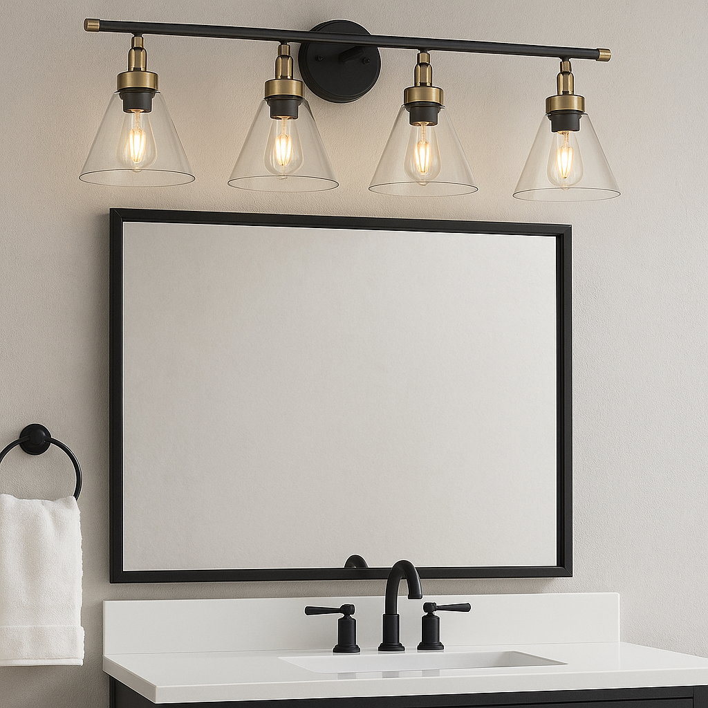 Vivio Siene 4-Light Vanity - Matte Black/Champagne Gold - Clear Cone Glass