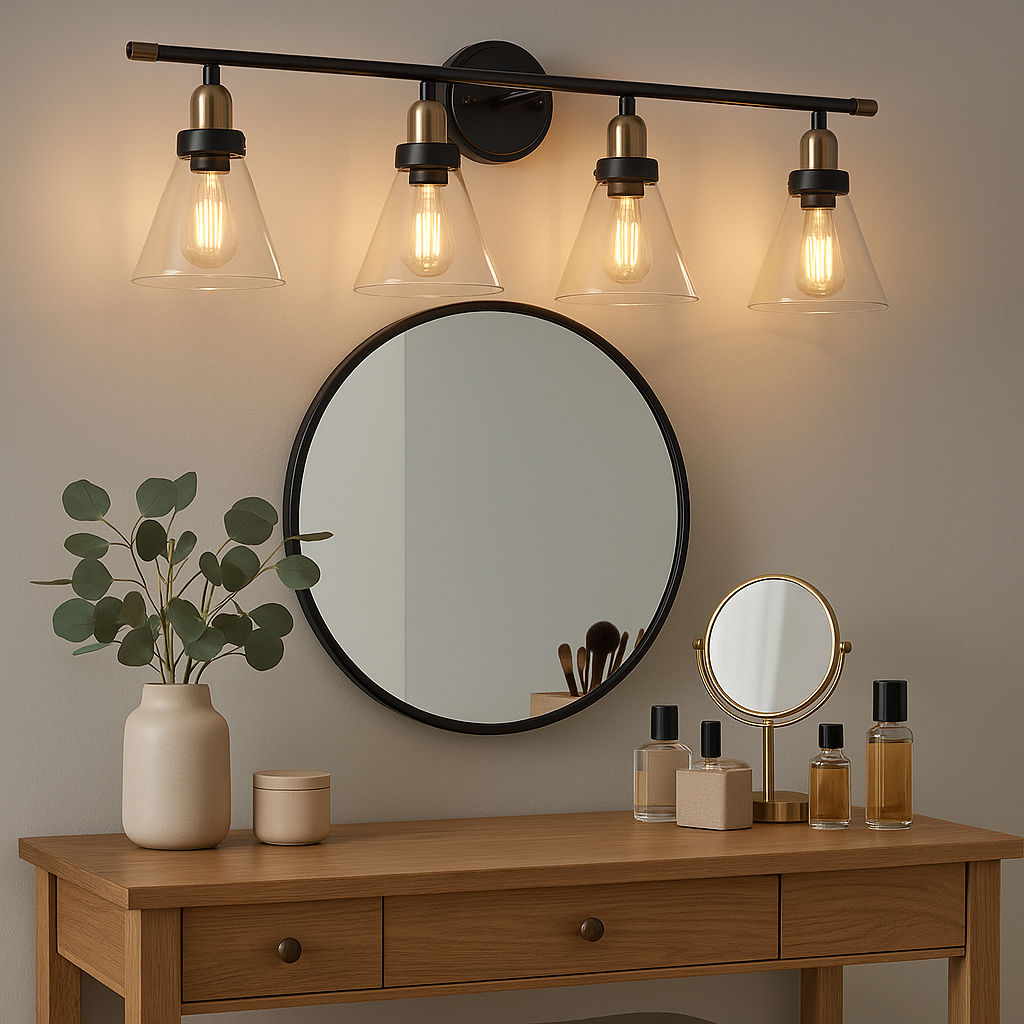 Vivio Siene 4-Light Vanity - Matte Black/Champagne Gold - Clear Cone Glass