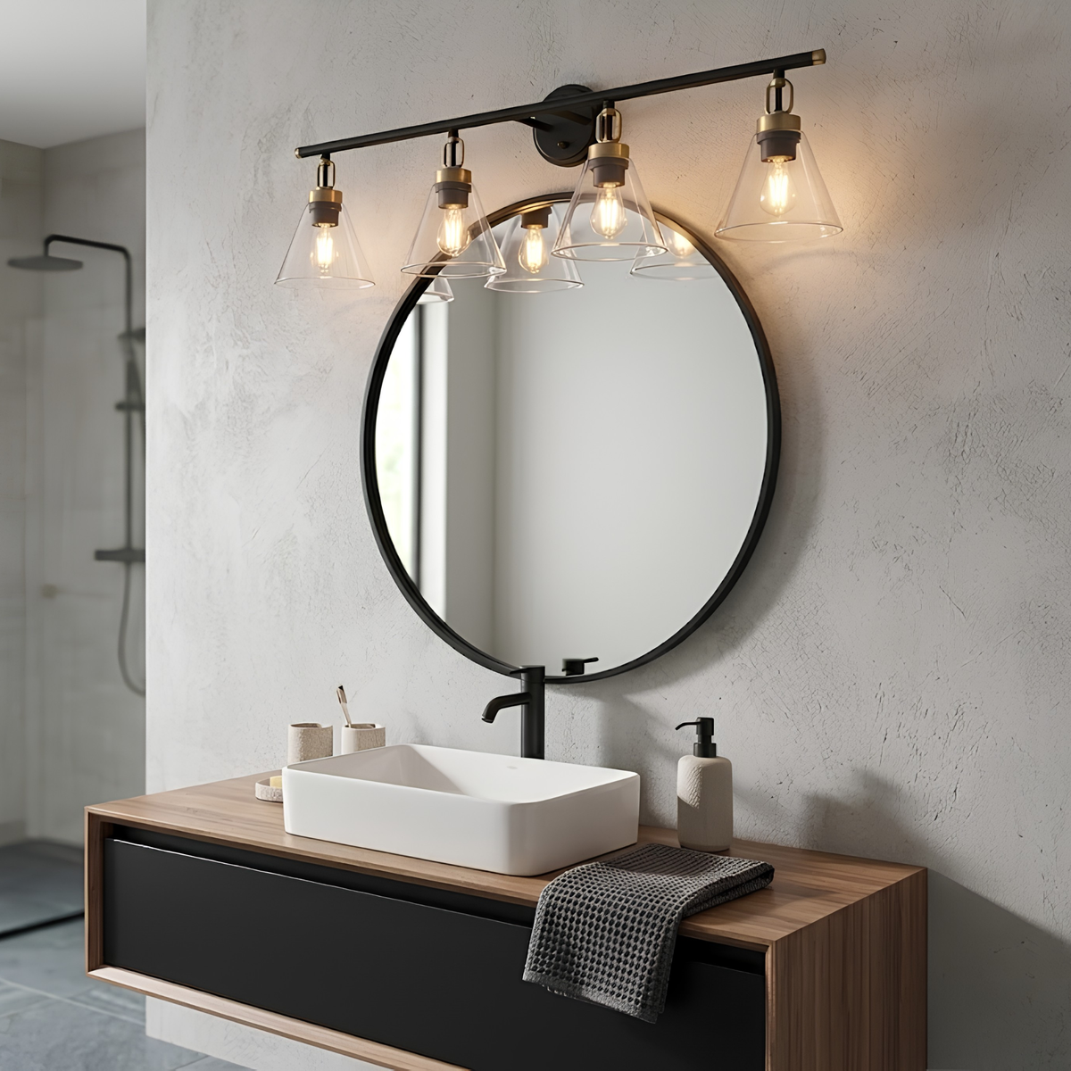 Vivio Siene 4-Light Vanity - Matte Black/Champagne Gold - Clear Cone Glass