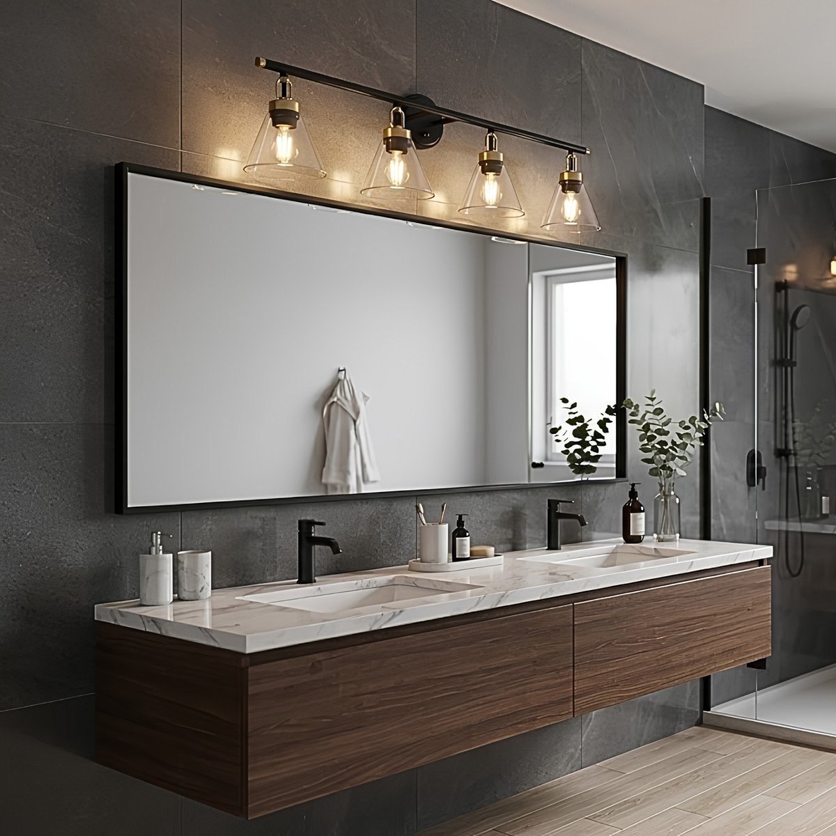 Vivio Siene 4-Light Vanity - Matte Black/Champagne Gold - Clear Cone Glass