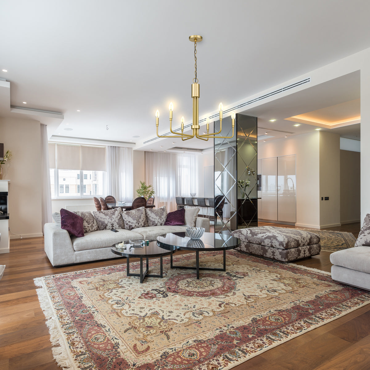 gold chandelier in living room farmhouse