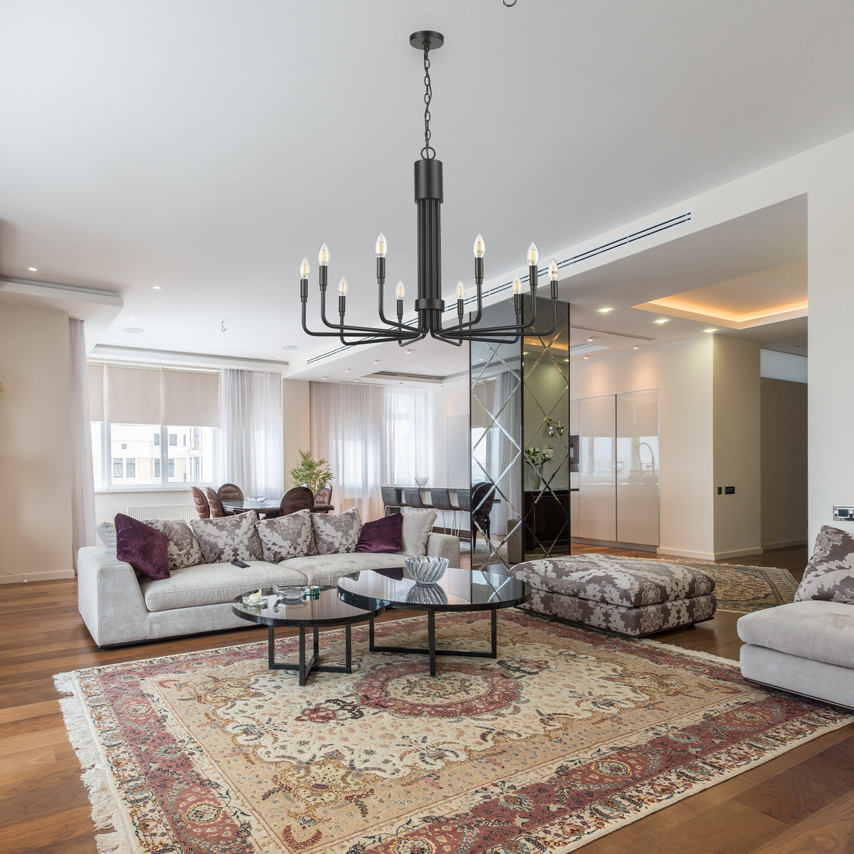 black chandelier hanging in living room 10 light