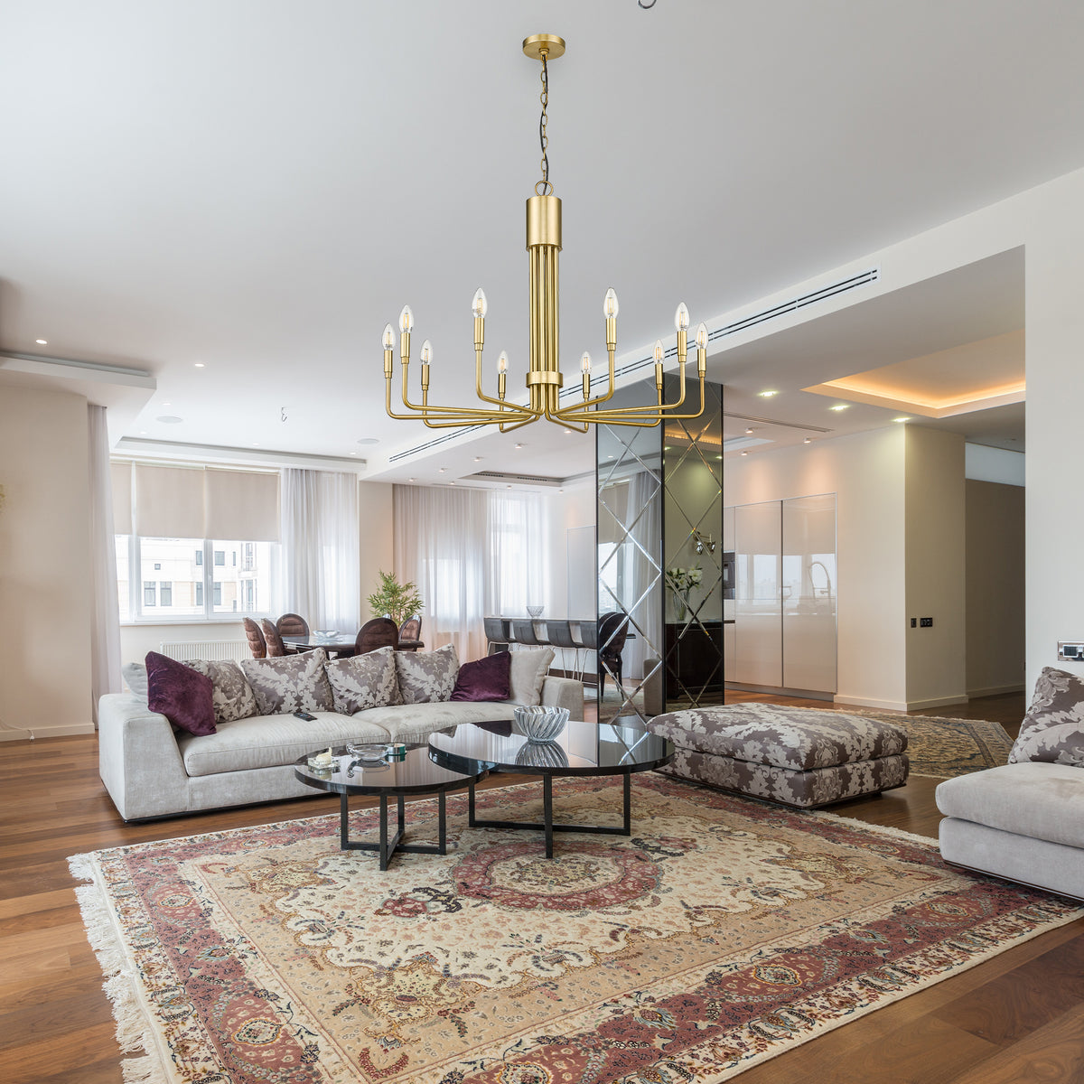 gold chandelier in living room 