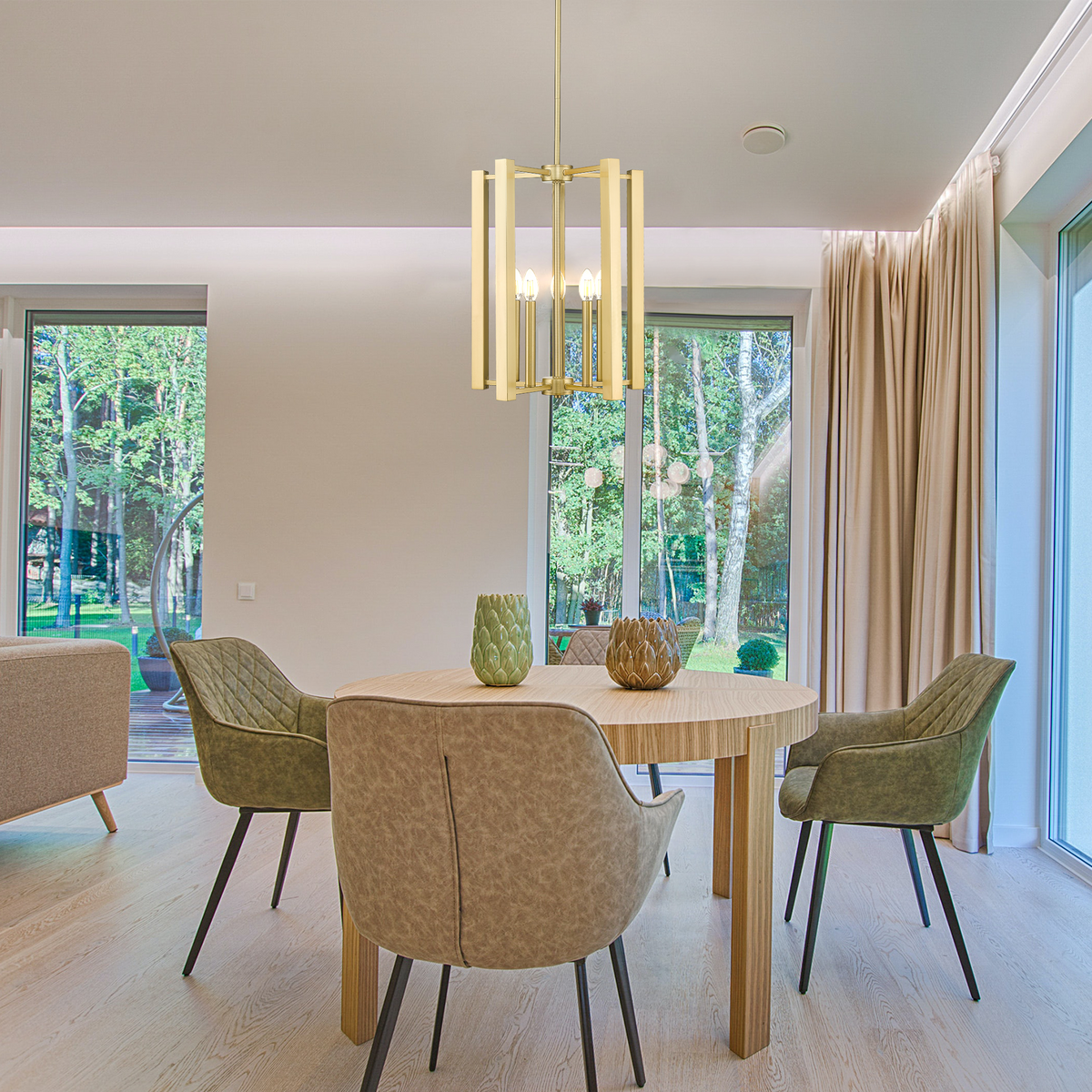 gold pendant light over dining table
