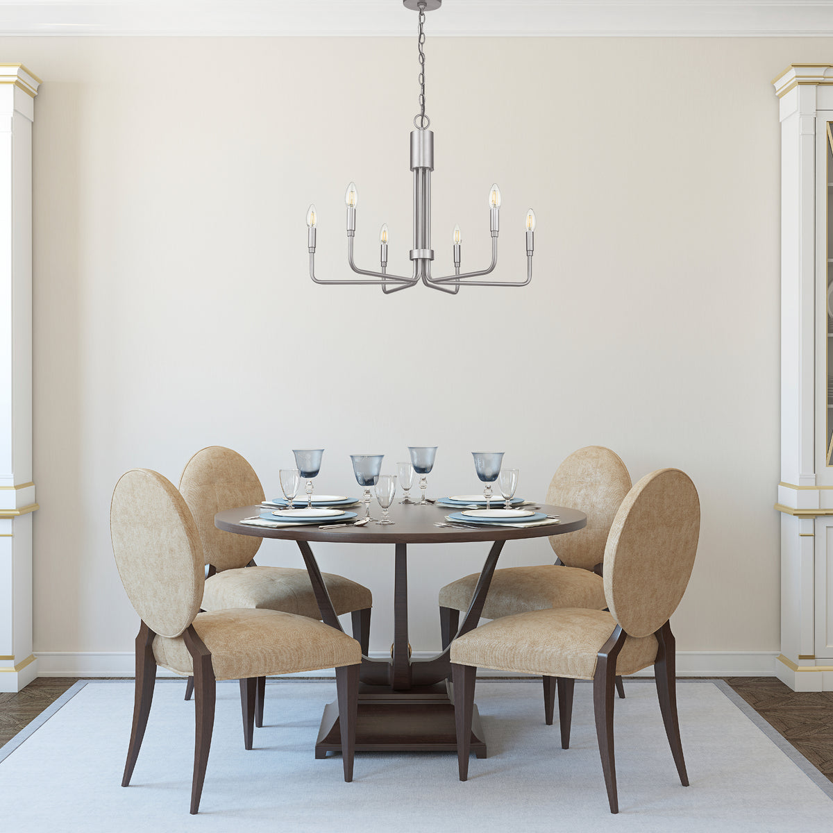 nickel chandelier over dining table traditional