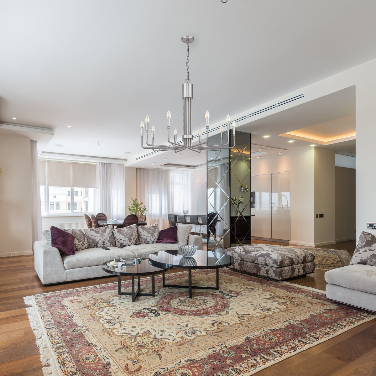 brushed nickel chandelier in living room