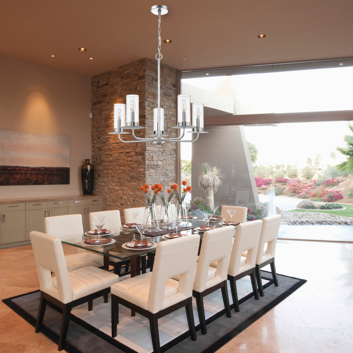 modern chandelier over dining table brushed nickel