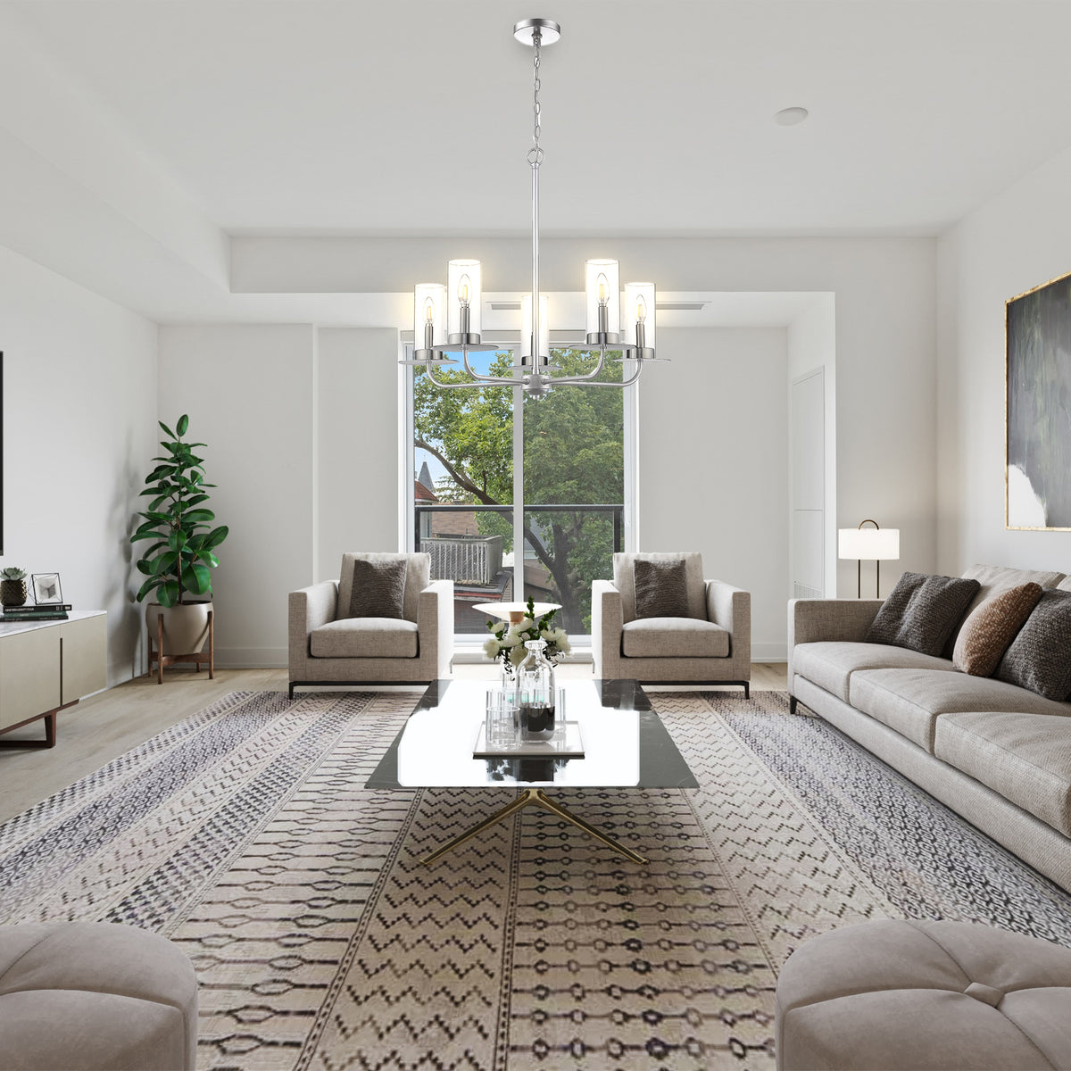 nickel chandelier in living room