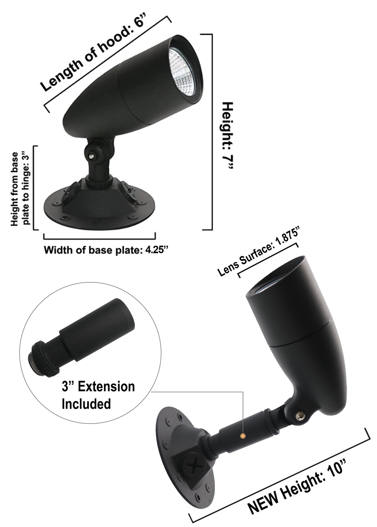 10W LED Small Bullet Flood - BK  Includes extension and base