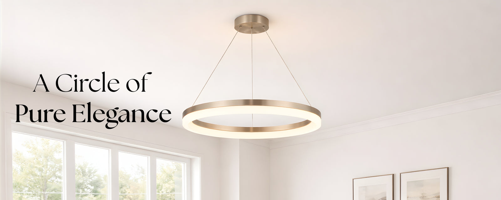 Modern pendant light fixture in a room with large windows.