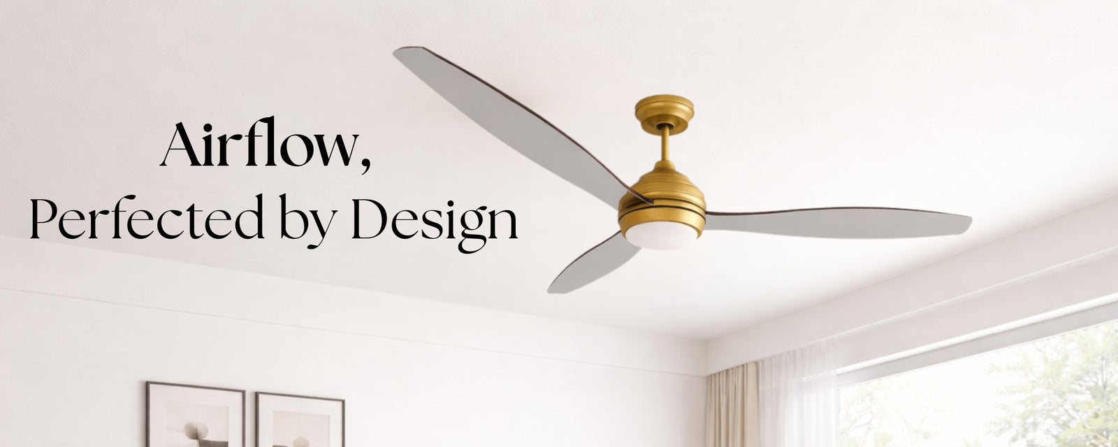 Modern gold 3-blade ceiling fan with a white light kit in a bright room, designed for stylish airflow and comfort.
