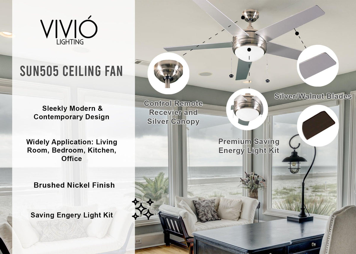 52&quot; Standard Ceiling Fan with LED Light Kit - 5 Reversible Blades Included - Vivio Lighting
