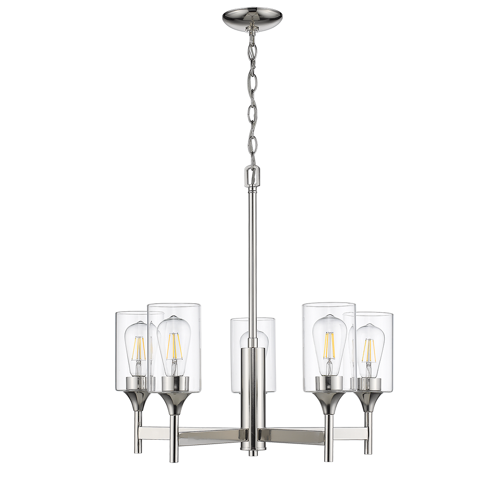 Nickel clear glass cylinder chandelier with 5 lights - Vivio Lighting