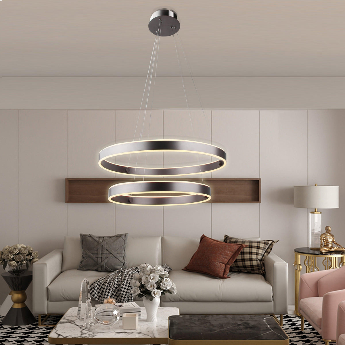 2 LED Ring Chandelier 24 Wide Modern Indoor Pendant Light Ceiling Brown