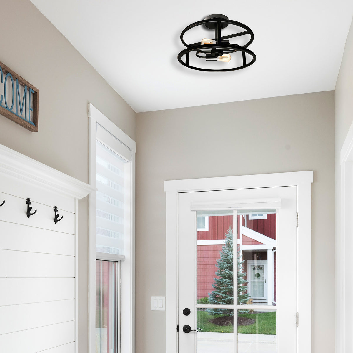 Modern black semi flush mount ceiling light with 2 light 
