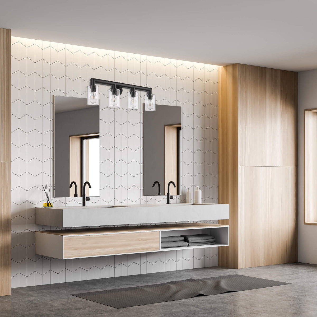 Modern bathroom black vanity with 4 lights over mirror