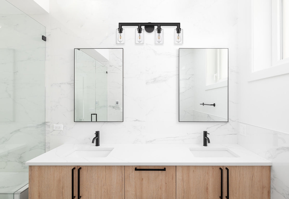 Modern black vanity with 4 lights over mirror