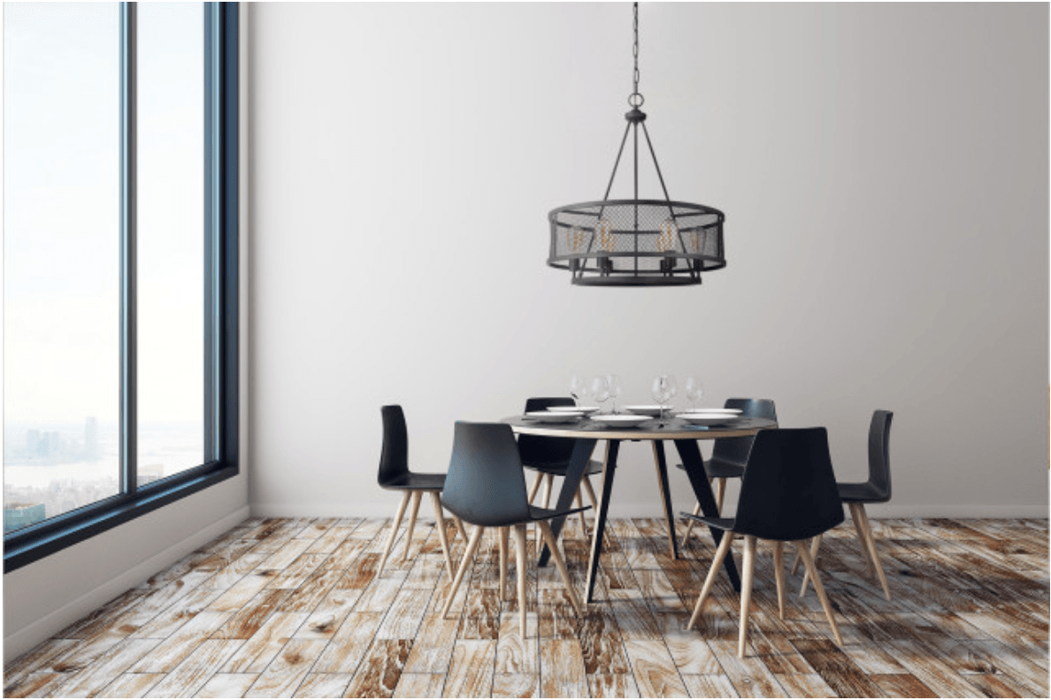 Modern black mesh drum shade chandelier in dining room