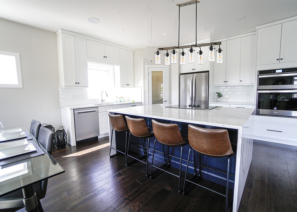 Wooden modern linear chandelier with 8 lights in kitchen island