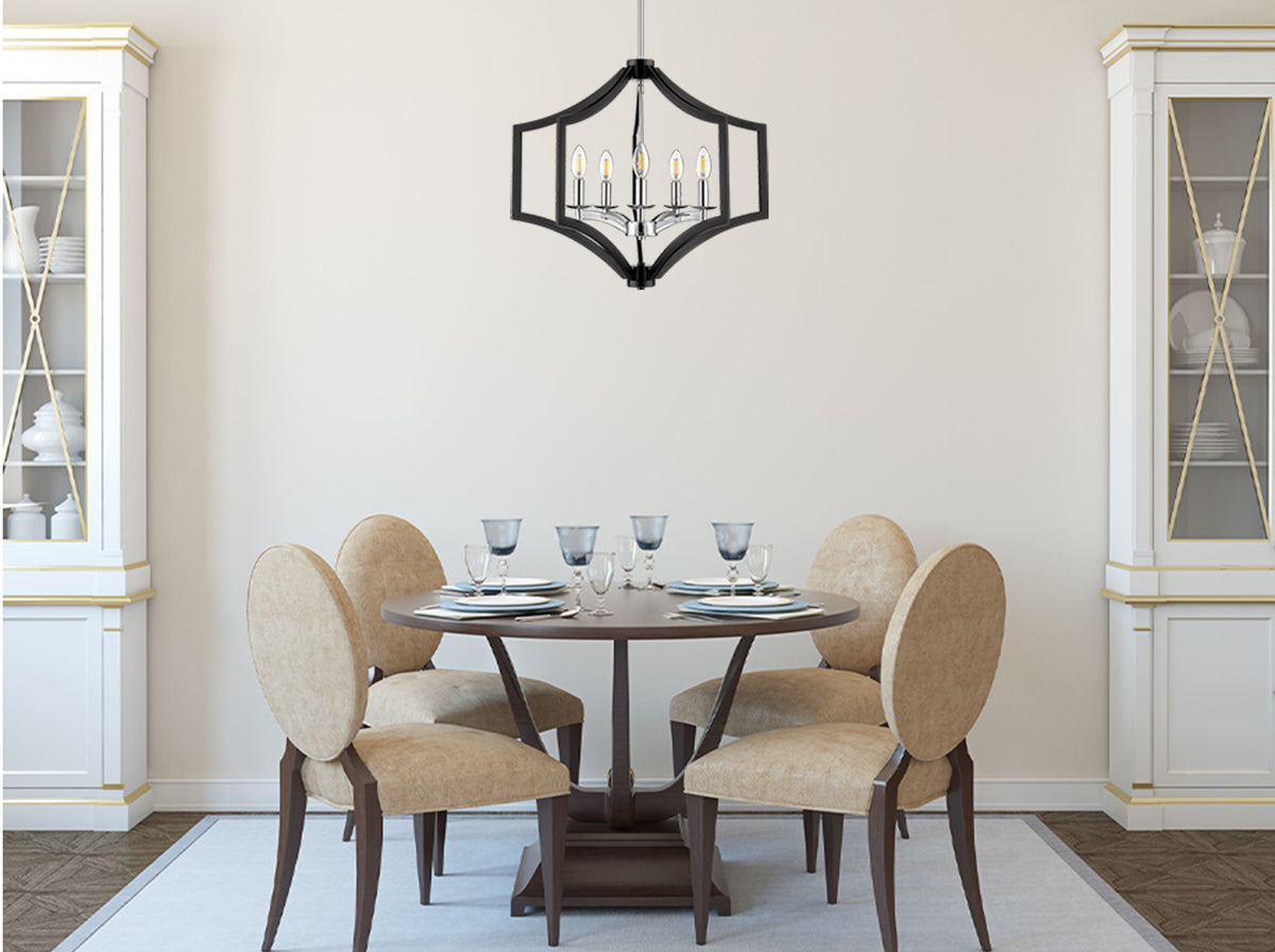 Black contemporary lantern chandelier with 5 lights in dining room